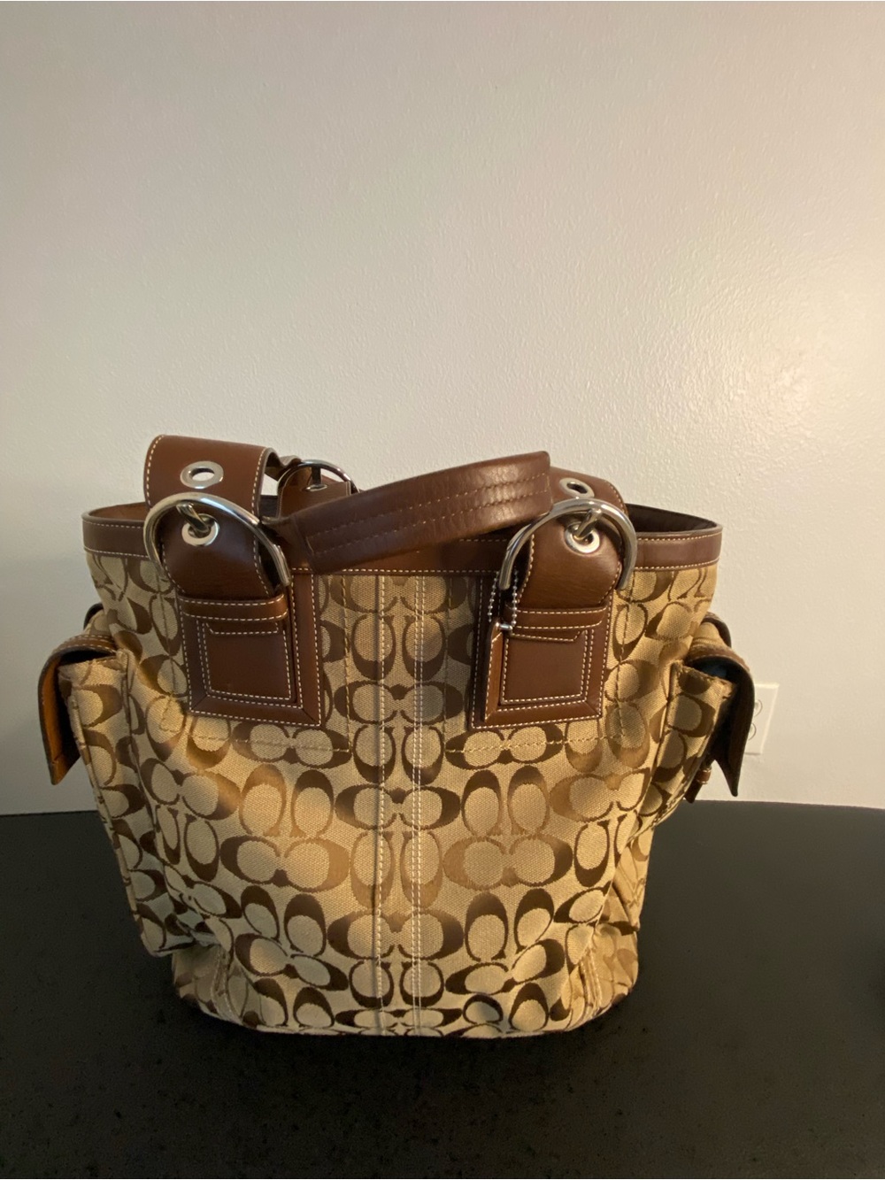 Coach Brown Signature Canvas Travel bag with Leather Trim and side pockets - Picture 8 of 16